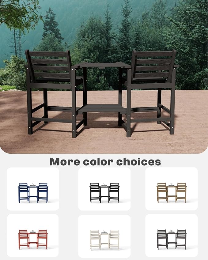 Tall HDPE Adirondack Bar Chairs Set of 2, Outdoor Balcony Bar-Height Chairs with Extra-Large Side Trays & 2" Umbrella Hole, All-Weather Patio Stools for Porch, Deck, Garden (Black, 2chair)