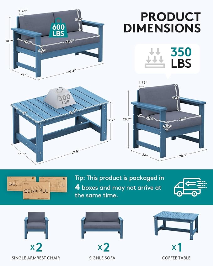SERWALL 5 Pieces HDPE Outdoor Sofa Set with Cushions, All Weather Couch Conversation Set - Photo 2