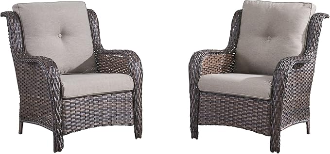 HUMMUH Outdoor Wicker Patio Chairs Set of 2 PE Rattan Patio Seating Chairs High Back Curved Armrest Porch Chairs with 4 inch Seat Cushions (Brown/Grey)