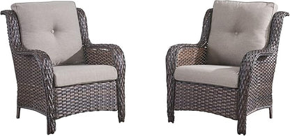 HUMMUH Outdoor Wicker Patio Chairs Set of 2 PE Rattan Patio Seating Chairs High Back Curved Armrest Porch Chairs with 4 inch Seat Cushions (Brown/Grey)