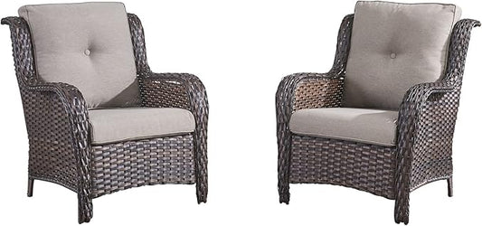 HUMMUH Outdoor Wicker Patio Chairs Set of 2 PE Rattan Patio Seating Chairs High Back Curved Armrest Porch Chairs with 4 inch Seat Cushions (Brown/Grey)