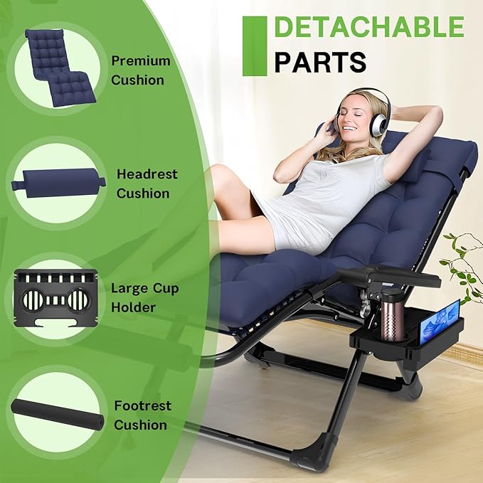 ZENPETIO 29In XL Zero Gravity Chair w/Cushion, Zero Gravity Recliner Lounge Chair for Indoor and Outdoor - Photo 4