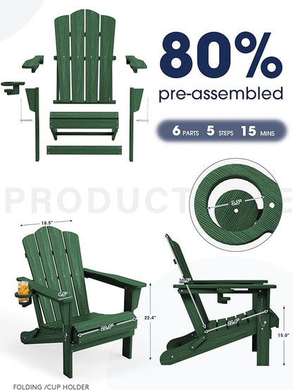 KINGYES Folding Adirondack Chair Set of 4, HDPE All-Weather Folding Adirondack Chair, Green