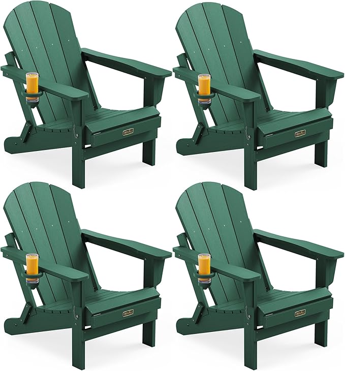 SERWALL Foldable Adirondack Chair Set of 4, Weather Resistant HIPS Patio Chairs with Cup Holder for Garden Outdoors Fire Pit Chairs-Green