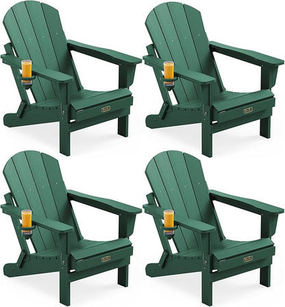 SERWALL Foldable Adirondack Chair Set of 4, Weather Resistant HIPS Patio Chairs with Cup Holder for Garden Outdoors Fire Pit Chairs-Green