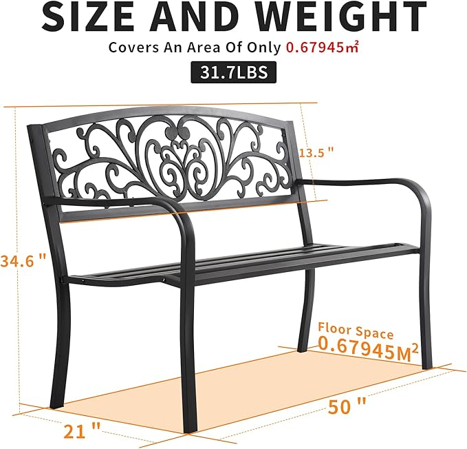 HCY 50 Inches Garden Bench Outdoor Metal Bench Patio Garden Bench Sturdy Steel Frame Furniture for Yard, Outdoor, Park, Porch, Entryway, Lawn,(Black)