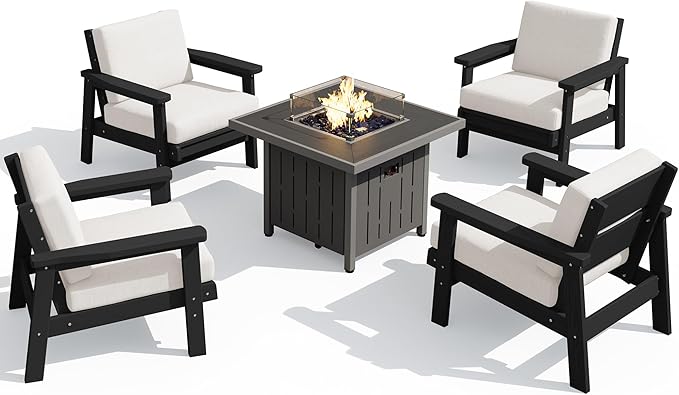 SERWALL Patio Furniture Set with 33” Fire Pit Table, HDPE Outdoor Sectional Sofa Set with Thickened Cushions - Photo 1