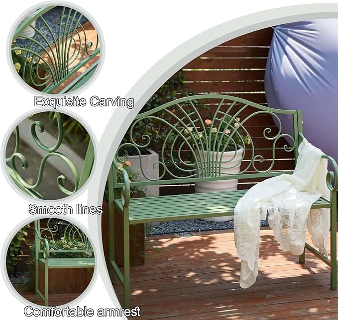 43" Outdoor Metal Garden Bench，Patio Bench，Porch Bench Chair,Outdoor Bench 2-Person,Iron Steel Frame Patio Bench,with Backrest and Armrests,Porch Bench for Poolside, Balcony,Green