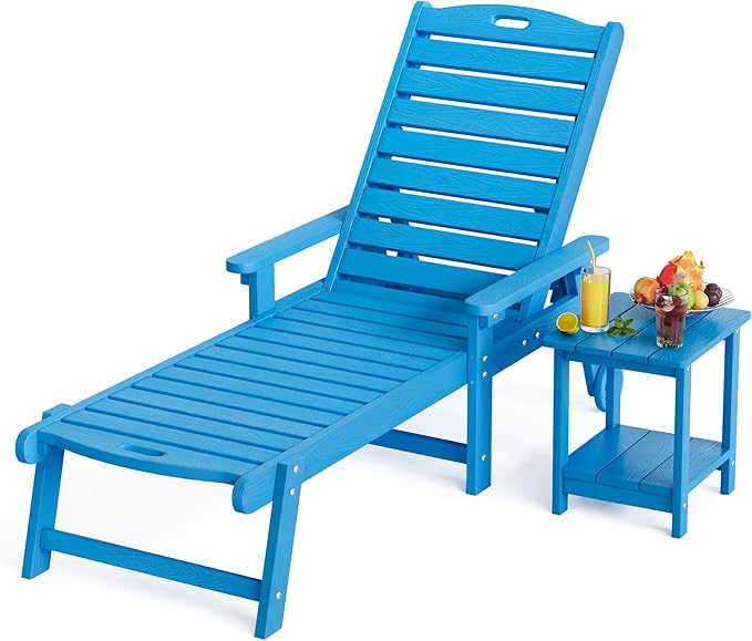 LUE BONA HDPS Chaise Lounge Chair with Table, 2-Piece, Outdoor Pool Lounge Chairs with Adjustable Backrest, Resin Patio Lounge Chairs with Wheels for Outside, Poolside, Blue