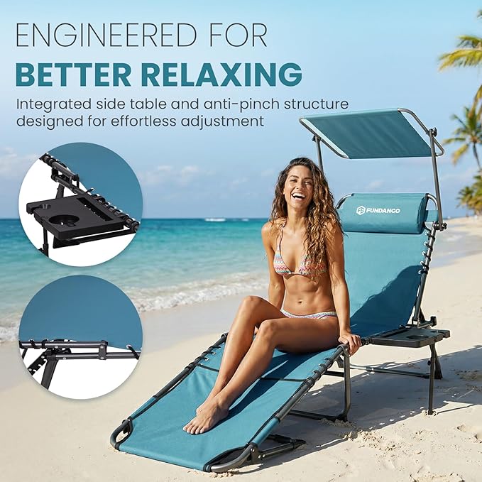 FUNDANGO 400lbs Tanning Chair with Face Hole & Canopy & Side Table, 5 Positions Beach Sunbathing Lounge Chair Facedown Chaise Lounge with Pillow for Pool Outdoor Camping Patio, Set of 2 Cyan