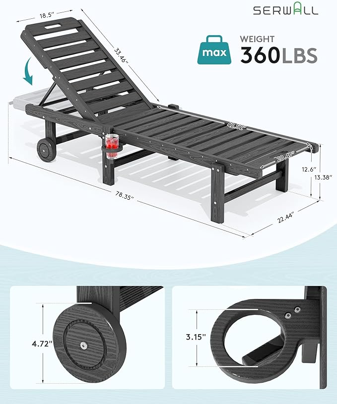 SERWALL Outdoor Chaise Lounge Chair, HDPE Patio Lounge Chair with Cup Holder - Photo 3