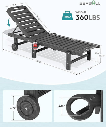 SERWALL Outdoor Chaise Lounge Chair, HDPE Patio Lounge Chair with Cup Holder, 5 Positions Adjustable Poly Lounger with Rolling Wheels for Poolside, Deck, Sunbathing, Grey