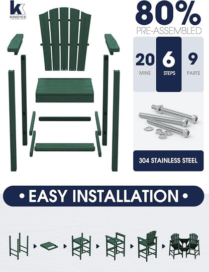 KINGYES Tall Adirondack Chair Set of 2 with 9FT Umbrella,All Weather HDPE Bar Height Adirondack Chair with Double Connecting Trays, Outdoor Adirondack Barstools, Balcony, Deck, Backyard, Green