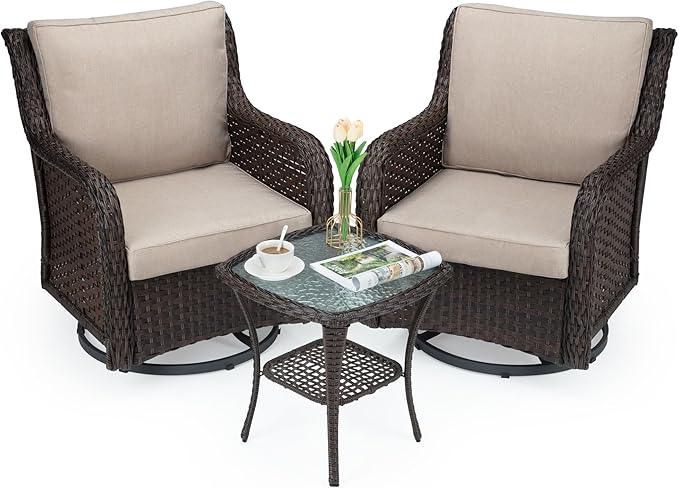 GAOMON Rattan Chairs Rocking Swivel Chair Outdoor Set with Side Table and Cushions, Patio Conversation Furniture Set 3 Piece for Outside Porch Deck Balcony Garden Backyard (Beige Cushions 1)