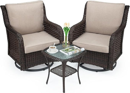 GAOMON Rattan Chairs Rocking Swivel Chair Outdoor Set with Side Table and Cushions, Patio Conversation Furniture Set 3 Piece for Outside Porch Deck Balcony Garden Backyard (Beige Cushions 1)