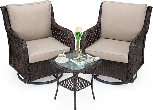 GAOMON Rattan Chairs Rocking Swivel Chair Outdoor Set with Side Table and Cushions, Patio Conversation Furniture Set 3 Piece for Outside Porch Deck Balcony Garden Backyard (Beige Cushions 1)