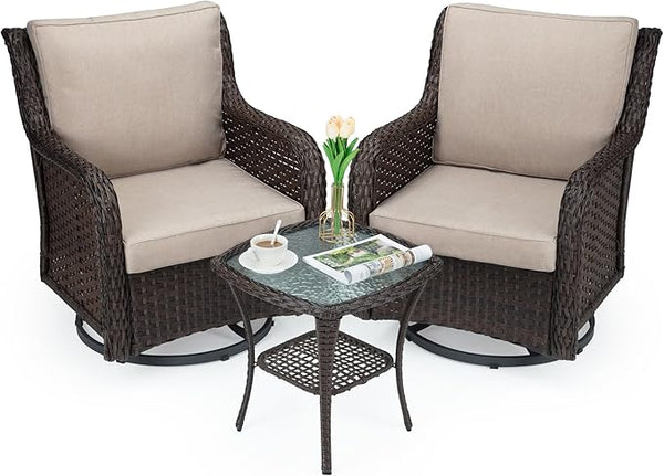 GAOMON Rattan Chairs Rocking Swivel Chair Outdoor Set with Side Table and Cushions - Photo 1