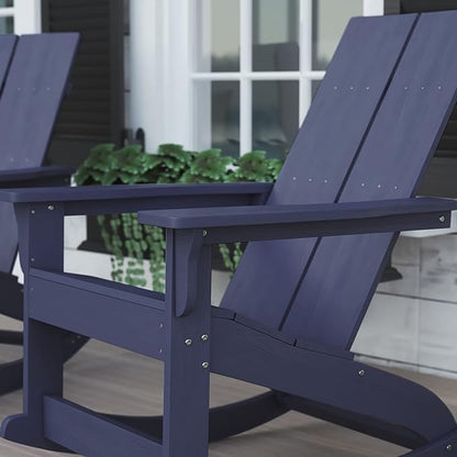 Flash Furniture Finn Modern Commercial Grade Poly Resin Wood Adirondack Rocking Chair - All Weather Navy Polystyrene - Dual Slat Back - Stainless Steel Hardware
