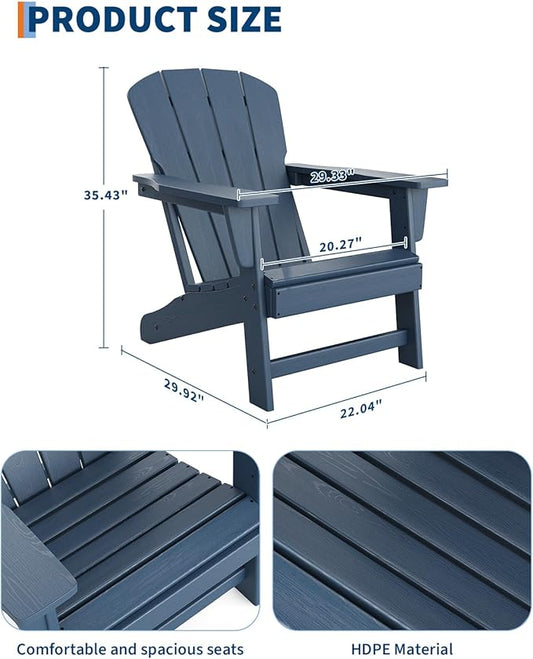 GarveeLife Modern HDPE Plastic Adirondack Chair Set of 4 - Oversize 380 LB Poly Lumber Weather Resistant Firepit Chair - Outdoor Patio Chairs with Wooden Textured for Deck, Pool, Porch - Navy Blue