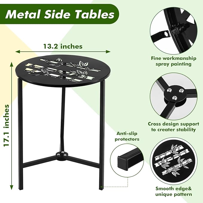 Party Zealot Set of 2 Small Round Metal Side Tables, 13-Inch Black Outdoor End Tables for Patio, Balcony, Porch or Garden – Weather-Resistant Corner Coffee Table for Small Spaces & Indoor Plant Stand