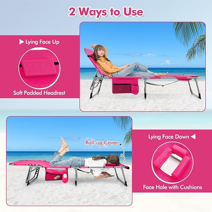 Goplus Tanning Chair, Folding Outdoor Beach Lounge Chair with Face & Arm Hole, Carrying Strap, Pillow - Photo 4