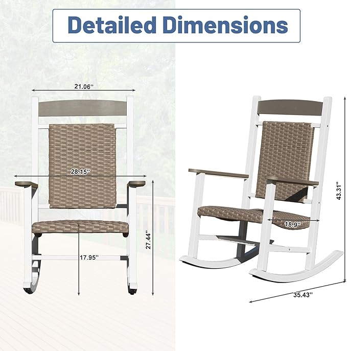 Outdoor Wicker Rocking Chairs Set of 2, Made of Metal & Rattan, Oversized Patio Rocker Chairs with High Back for Adults, All-Weather Outside Furniture for Garden Lawn - White & Brown
