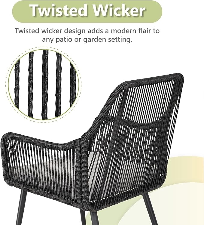 Patio Dining Chairs Outdoor Dining Chairs Set of 2, Woven Twisted Wicker Rattan Chair with Armrest and Cushion, Modern Indoor Outdoor Seating for Garden, Lawn, Backyard, Black