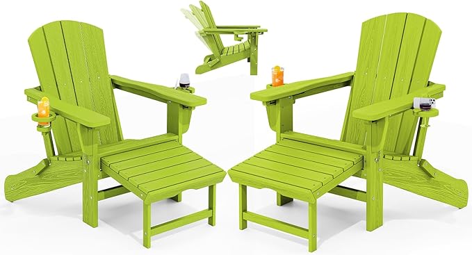 KINGYES Folding Adjustable Adirondack Chair with Ottoman & 2 Cup Holders Set of 2, HDPE Adirondack Recliner Chair with Footrest, Apple