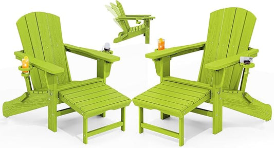 KINGYES Folding Adjustable Adirondack Chair with Ottoman & 2 Cup Holders Set of 2, HDPE Adirondack Recliner Chair with Footrest, Apple