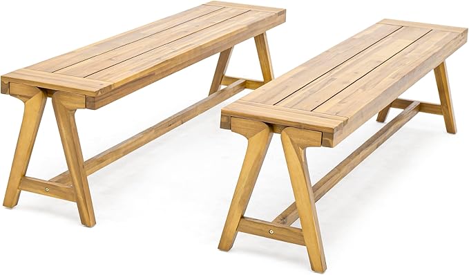 Goujxcy 2-Pack Outdoor Bench Patio Garden Bench, 63'' Outside Chair with Slatted Seat, Wood Frame, Dining Bench Chair for Yard, Park, Balcony