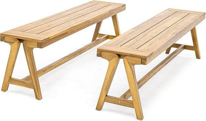 Goujxcy 2-Pack Outdoor Bench Patio Garden Bench, 63'' Outside Chair with Slatted Seat, Wood Frame, Dining Bench Chair for Yard, Park, Balcony