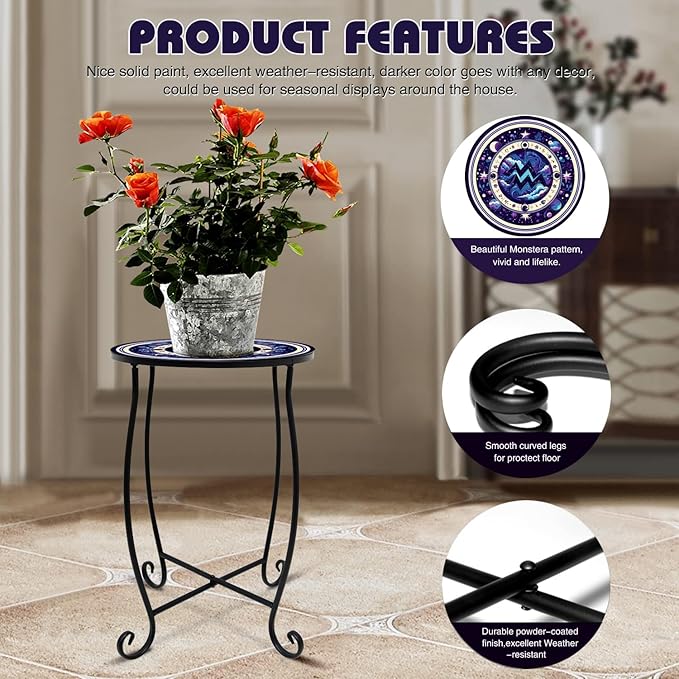 15 Inch Tall Patio Side Table, Small Patio Table for Outdoor Deck Porch Poolside, Ocean Wave Metal End Table, Rust Resistant Garden Stool Matches Mosaic Outdoor Side Table Decor