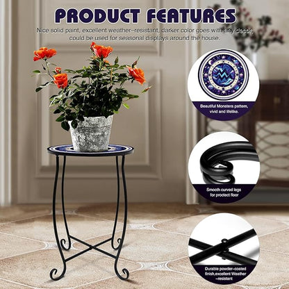 15 Inch Tall Patio Side Table, Small Patio Table for Outdoor Deck Porch Poolside, Ocean Wave Metal End Table, Rust Resistant Garden Stool Matches Mosaic Outdoor Side Table Decor
