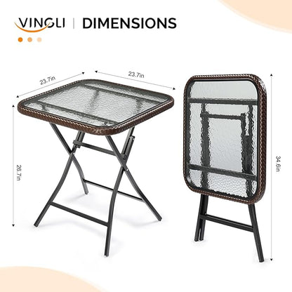 VINGLI 23.6in Modern Brown Rattan Folding Glass Outdoor Side Table, Small Patio Table with Tempered Glass Top,Rectangular,1 Pack