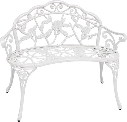Sunnydaze 2-Person Classic Rose Cast Aluminum White Outdoor Garden Bench