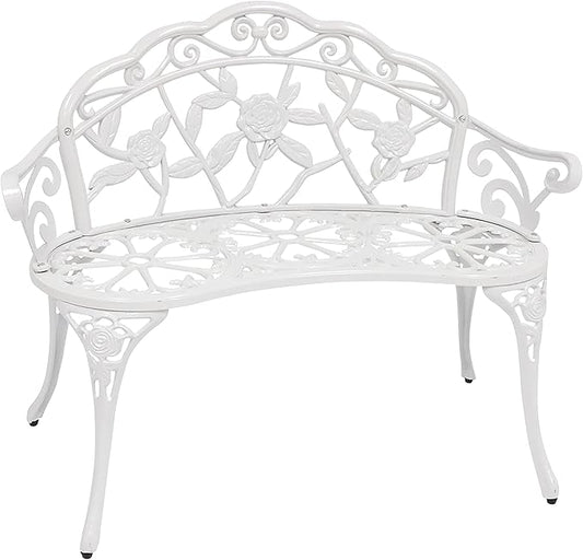 Sunnydaze 2-Person Classic Rose Cast Aluminum White Outdoor Garden Bench