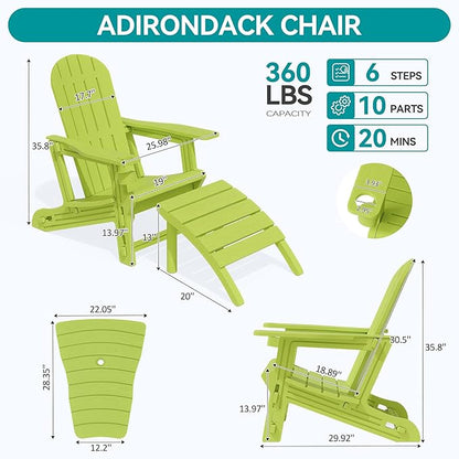 Vongrasig Adirondack Chairs Set of 2 with Removable Tabletop and Footrest, All-Weather HDPE Outdoor Chair Set with Wooden Textured, Cup Holder for Patio, Poolside, Deck, Garden, Green