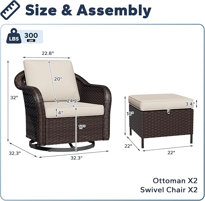 Outdoor Swivel Chairs Set with Ottomans, 4 PCS Patio Conversation Furniture Set with Removable Cushions - Photo 2