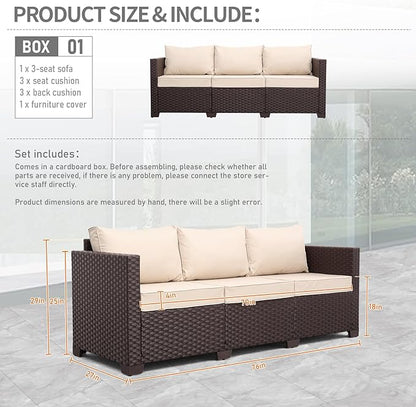 Patio Furniture 3-seat Sofa Wicker Outdoor Furniture Outdoor Couch Deep Seat Hight Backrest Non-Slip Cushions, Khaki