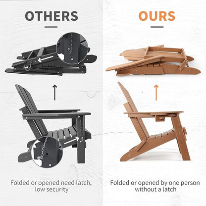 FUNBERRY Folding Adirondack Chair Set of 3, All Weather HDPE Fire Pit Chairs with Cup Holder for Outdoor