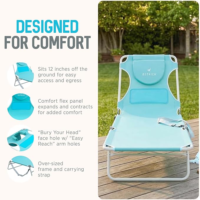 Ostrich the Ladies Comfort Lounger with Chest Support, Foldable and Portable Reclining Outdoor Patio Beach Lawn Camping Pool Tanning Chair, Aqua