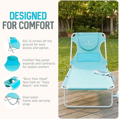 Ostrich the Ladies Comfort Lounger with Chest Support, Foldable and Portable Reclining Outdoor Patio Beach Lawn Camping Pool Tanning Chair, Aqua