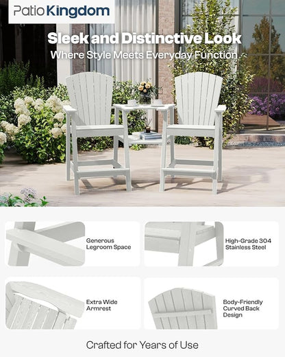 White HDPE Tall Adirondack Chair Set of 2 with Beige 9FT Patio Umbrella, All-Weather Outdoor Bar Height Chairs with Trays & Umbrella Hole for Garden, Balcony, Lawn