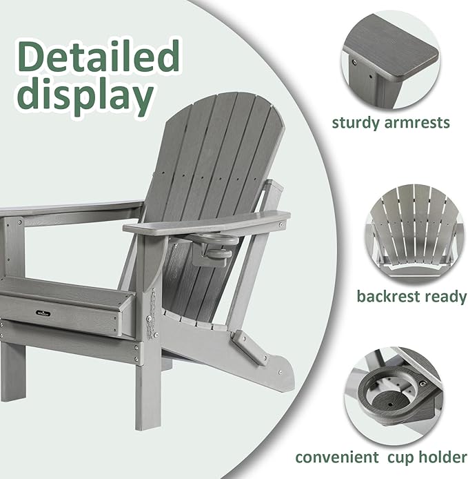 Folding Adirondack Chairs Set of 2, HDPE Wooden Textured Plastic Adirondack Chairs - Photo 4
