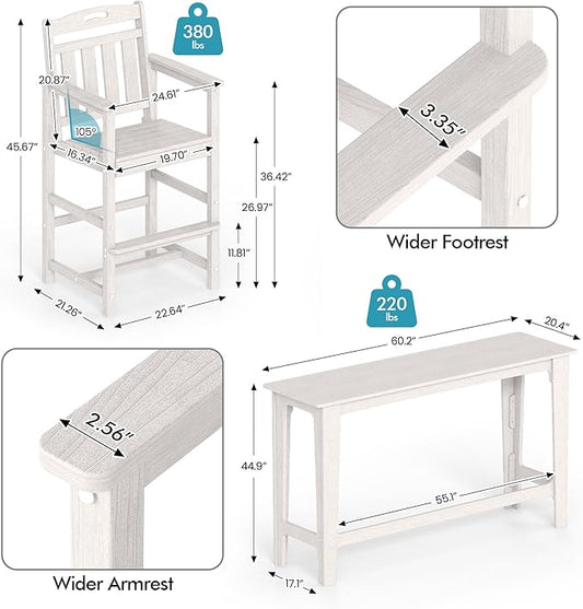 Ciokea Outdoor Bar Height Table Set of 5, 60" Extra Long Rectangle High Top Table and 4 Oversized Adirondack Chairs Set, Heavy-Duty All-Weather HDPE Patio Bar Set for Backyard Balcony Deck, White