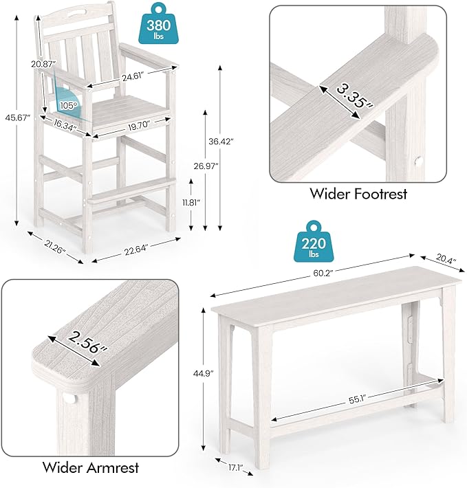 Ciokea 3 Pcs Outdoor Bar Height Table Set, 60" Extra Long Rectangle High Top Table and 2 Oversized Adirondack Chairs Set - Photo 3