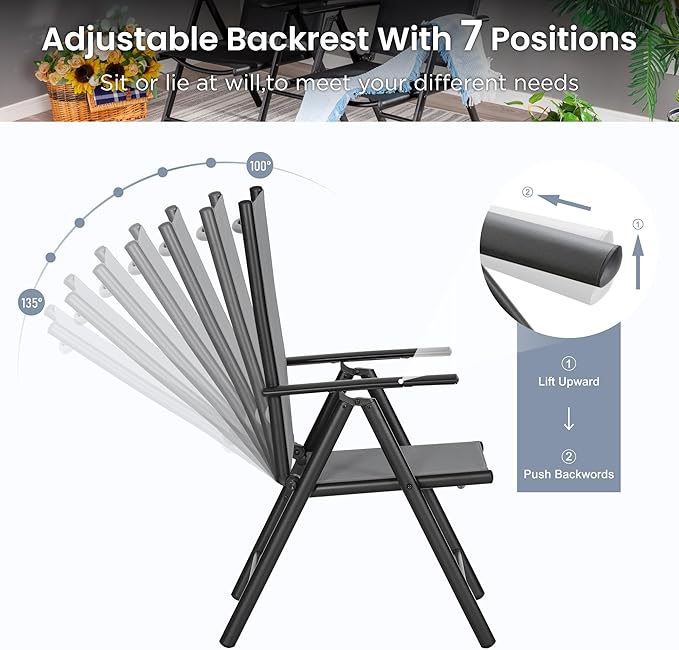 PHI VILLA Outdoor Patio Folding Chairs Set of 6, Portable Patio Dining Chairs with Adjustable Backrest for Outside - Photo 4