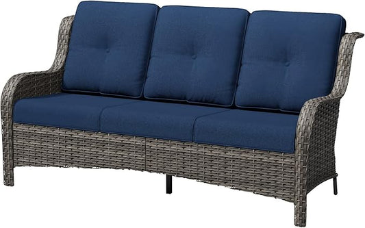 3 Seat Outdoor Couch, Wicker Patio Sofa with Thickened Olefin Cushions, High Back and Deep Seating, Hand-Woven PE Rattan for Porch, Deck, Balcony