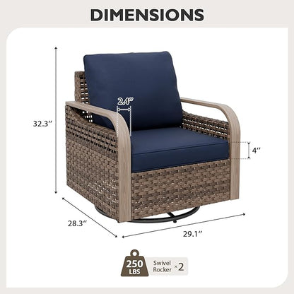 EAGLE PEAK Modern Wicker Outdoor Glider Rocking Chair, Swivel Rocker, Rattan Patio Furniture for Yard Deck Porch Garden, 2 Chairs, Brown/Blue