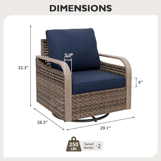 EAGLE PEAK Modern Wicker Outdoor Glider Rocking Chair, Swivel Rocker, Rattan Patio Furniture for Yard Deck Porch Garden, 2 Chairs, Brown/Blue